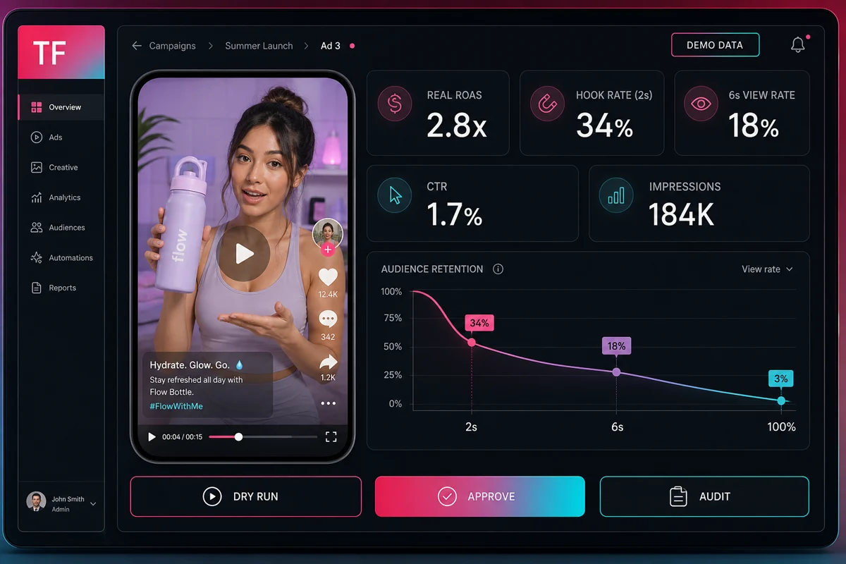 TikTokFlow interface with demo data label